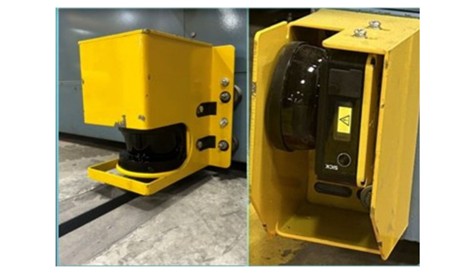 Pictured are the additional photo eyes, or sensors, that can detect objects above floor level including units hanging off a conveyor, forks of a forklift approaching, or a person.